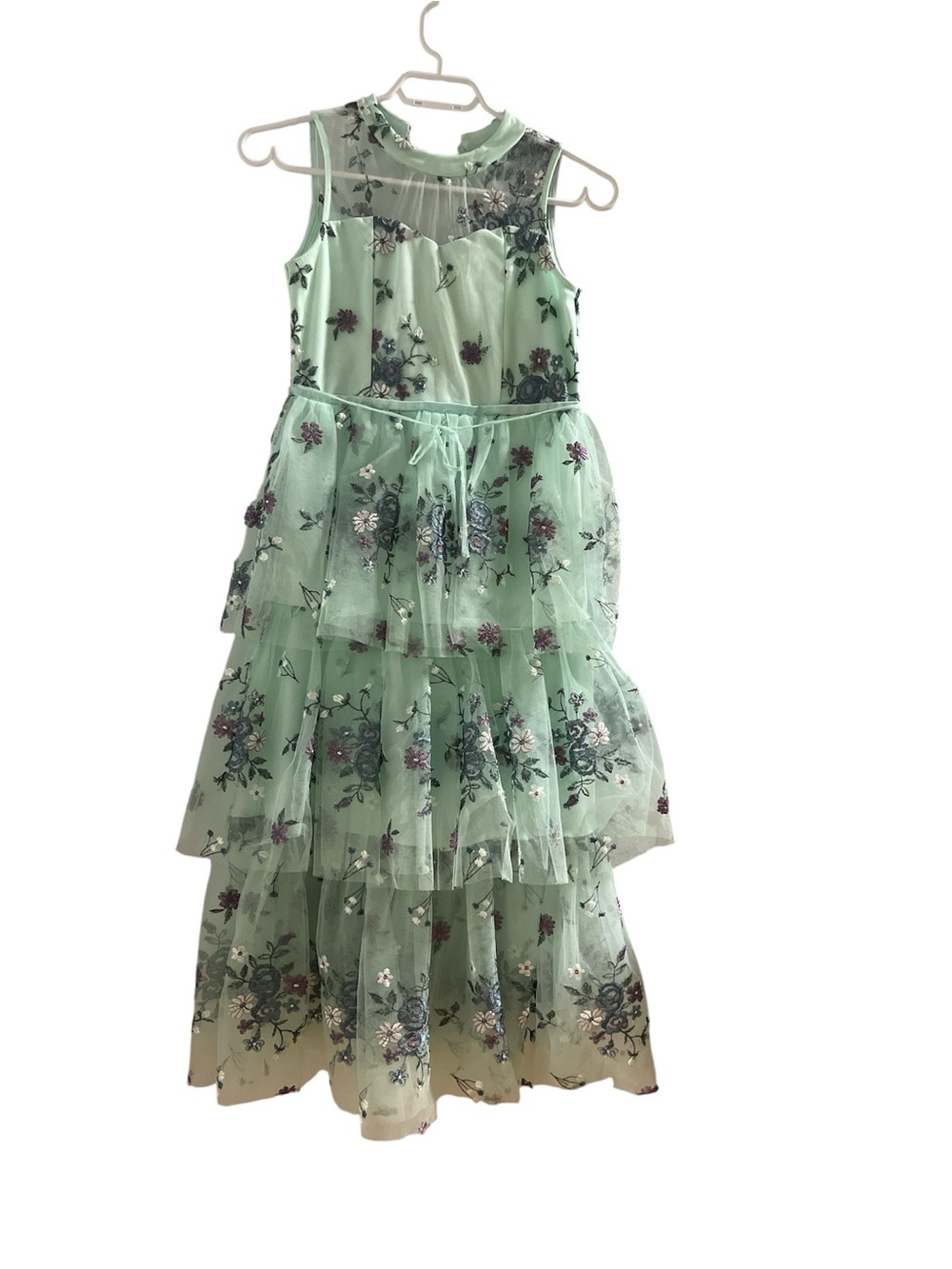 Girls Mint Green Floral Tiered Tulle Dress